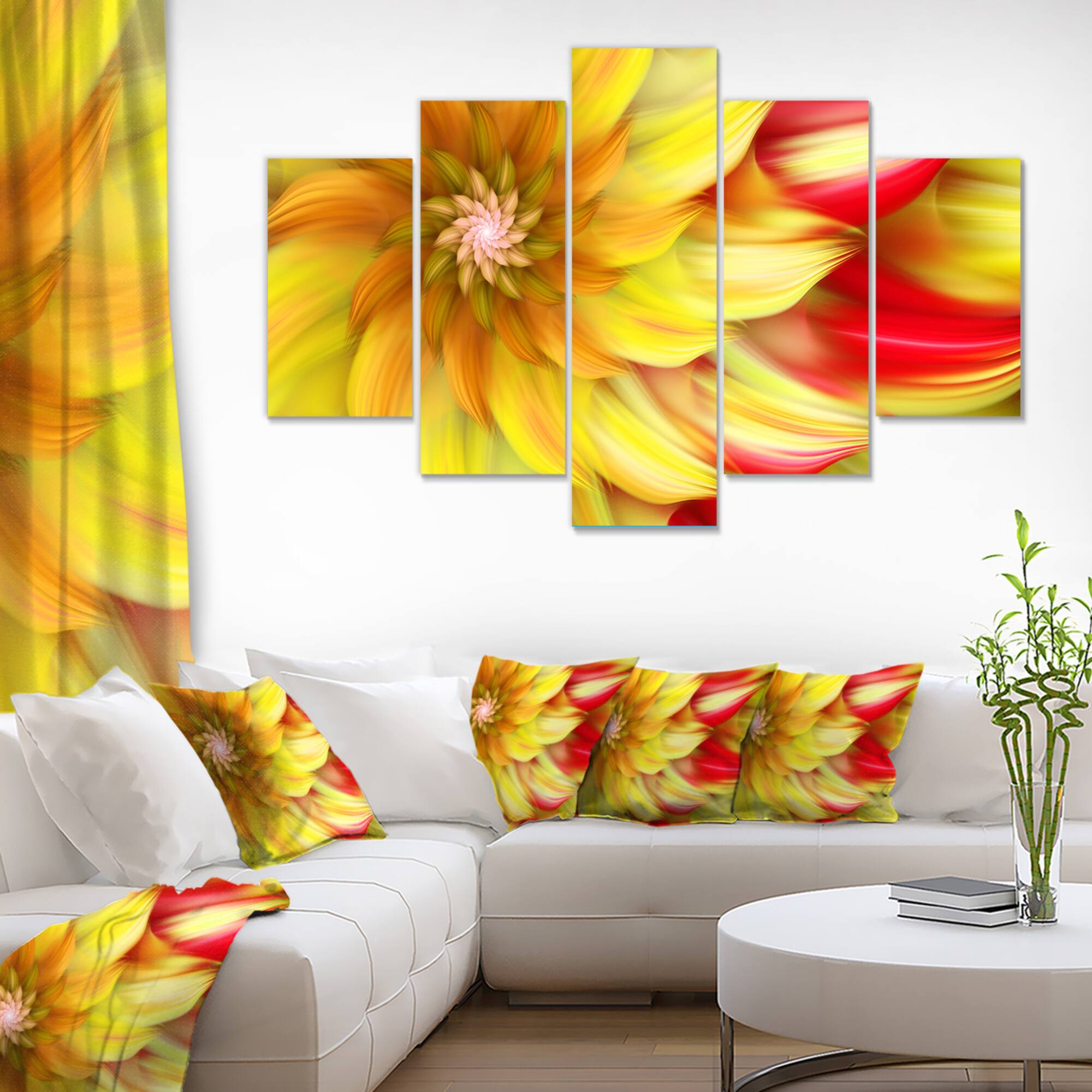 Designart - Rotating Yellow Red Fractal Flower - Large Floral Canvas Art Print